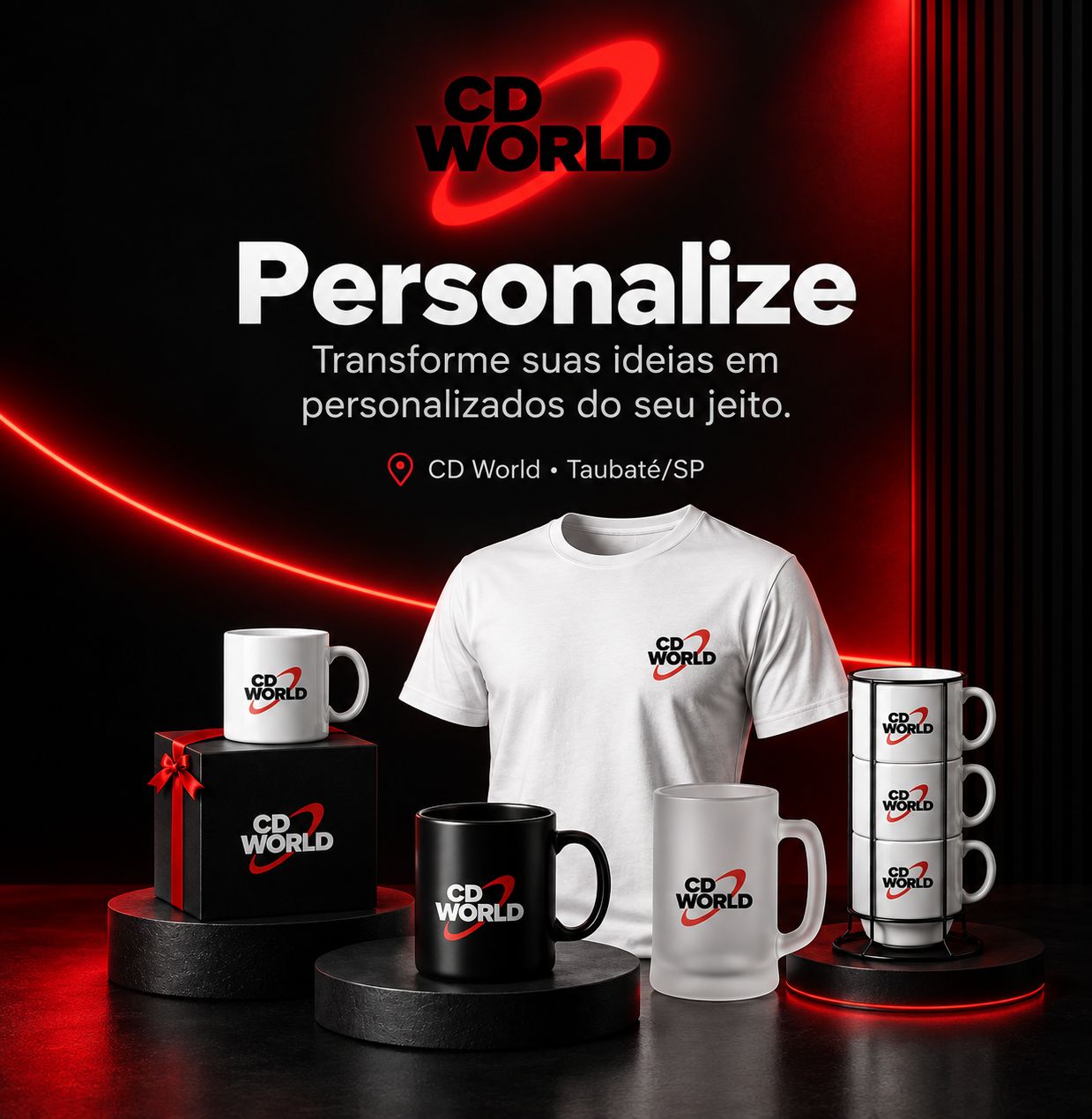 CD World, Personalize: transforme suas ideias em personalizados do seu jeito. Canecas, camisetas, brindes e muito mais com acabamento premium. Taubaté/SP.